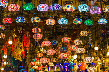 Colorful Turkish lamps hanging in market
