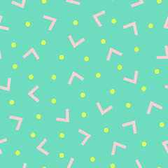 Modern seamless pattern with shapes in pink and yellow on green background.