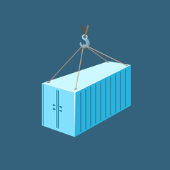 Blue Container with Crane, Container Hanging on Crane Hook, Vector Illustration