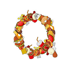 Letter Q food. Edible sign alphabet from pizza and hamburger. Fe