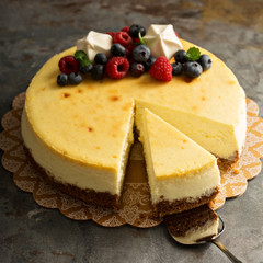 New York cheesecake on a cake stand