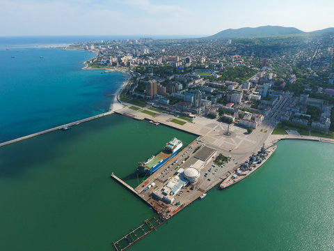 Top view of the marina and quay of Novorossiysk. Urban landscape of the port city