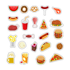 Food sticker set. Signs meat. feed Icon Collection. Pizza and ta
