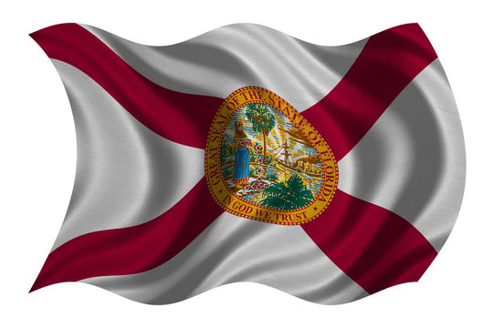 Flag of Florida wavy on white, fabric texture