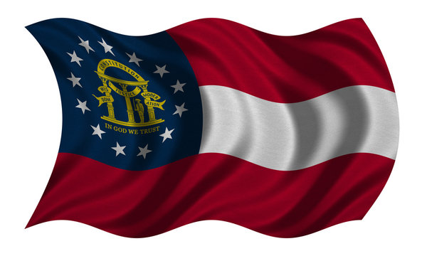 Flag of Georgia state wavy on white fabric texture
