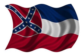 Flag of Mississippi wavy on white, fabric texture