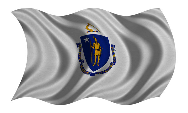 Flag of Massachusetts wavy on white fabric texture