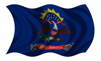 Flag of North Dakota wavy on white, fabric texture