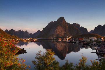 Village of Reine with mountain reflection