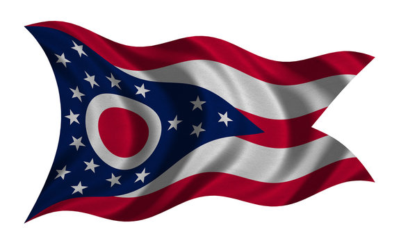 Flag of Ohio wavy on white, fabric texture