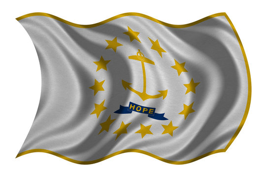Flag of Rhode Island wavy on white, fabric texture