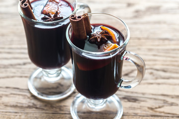 Two glasses of mulled wine on the wooden background