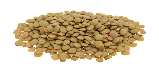 Organic green lentils on a white background.