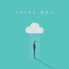 Business rainy day vector concept with businessman standing under cloud and rain. - obrazy, fototapety, plakaty