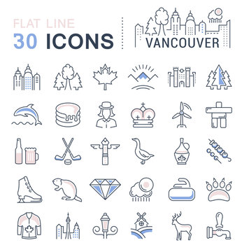 Set Vector Flat Line Icons Vancouver and Canada