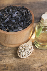 sunflower seeds and oill - closeup selective focus image 