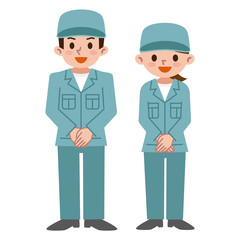 お辞儀をする男女　作業着