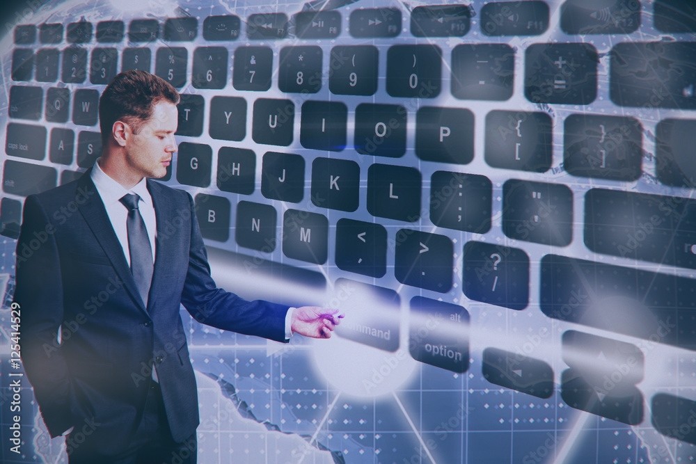Poster businessman pressing abstract keyboard button