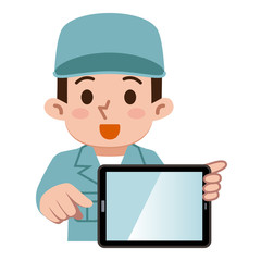 タブレットPCを持った作業着の男性