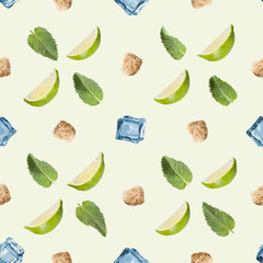 Lime, mint, sugar and ice cube on a white background.