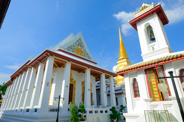 Beautiful of golden pagoda and thai art architecture in Wat Bovoranives, Bangkok, Thailand.