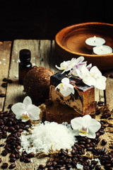 Organic coffee spa products, vintage wooden background, selectiv