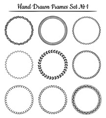 Set of round hand drawn frames. Vector illustration.