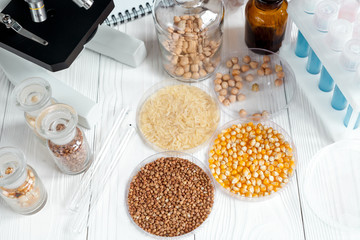 cereals in petri dish for analysis on wooden background