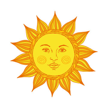 Hand drawn sun with face and eyes. Vector illustration.