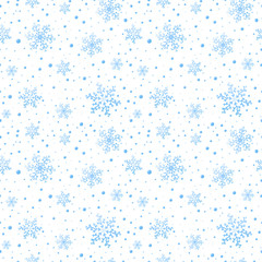 Beautiful seamless winter pattern with light blue  snowflakes on white background. Vector illustration.