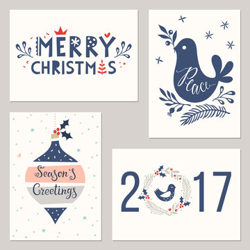 Merry Christmas greeting cards templates. Vector illustration.
