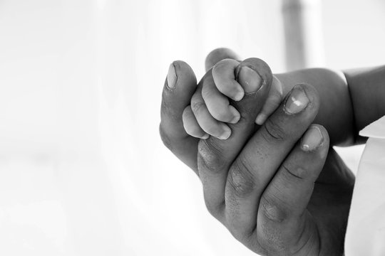 Dad is holding baby hand. Black and white photo