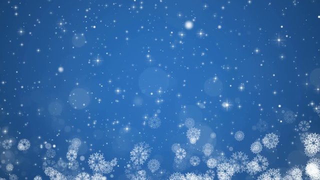 Blue Christmas card. Winter with snowflakes, stars and snow. Computer generated seamless loop abstract background.