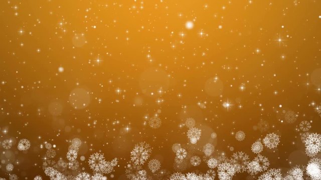 Yellow Christmas card. Winter with snowflakes, stars and snow. Computer generated seamless loop abstract background.