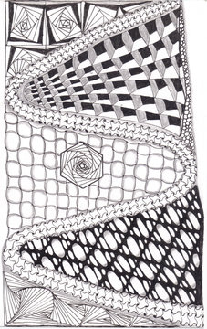 Zentangle hand drawn abstract mountain road with variety of tangles. Zen tangle style art.