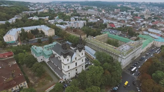 Historical bilding From Above Aerial rain City Lviv