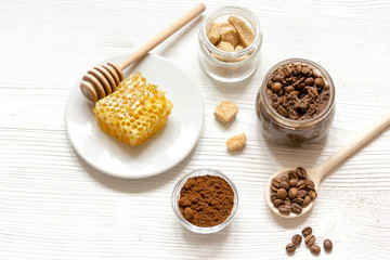 preparation scrub of ground coffee and honey top view