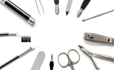 nail care - manicure set on white background top view