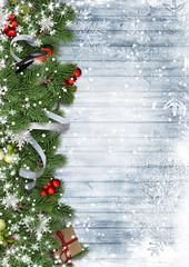 Christmas border with bullfinch and holly on wood background, po