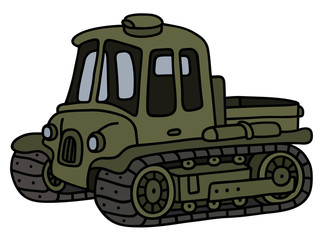Fototapeta premium Hand drawing of a funny vintage khaki tracked artillery tractor