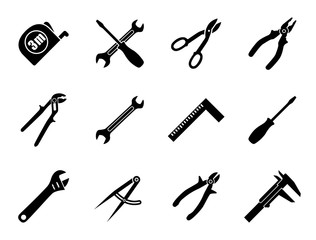 Set of twelve industrial hand tools for construction, engineering, mechanics in black and white colors. Flat style vector illustration