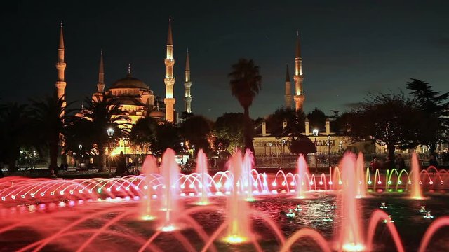 The Blue Mosque (Sultanahmet) during sunset and fountain in Istanbul Turkey.
