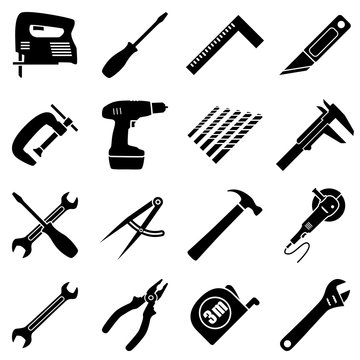 Set of sixteen industrial, building, manufacturing, engineering tools in flat style. Black and white vector illustration