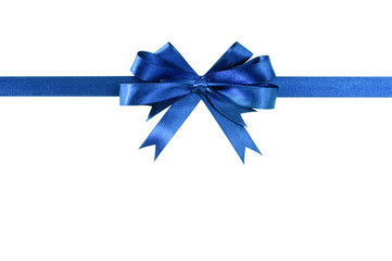 Blue bow gift ribbon straight horizontal border banner isolated on white background for birthday or...