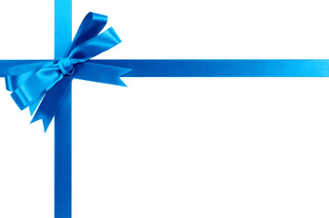 Blue bow gift ribbon cross shape frame border isolated on white background for birthday or christmas present decoration design photo 