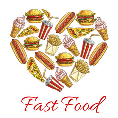 Fast food sketch icons combined heart shape