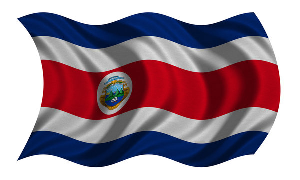 Flag of Costa Rica wavy on white, fabric texture