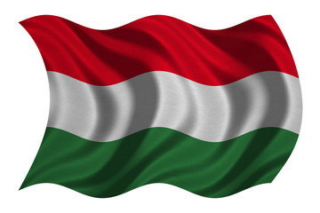Obraz premium Flag of Hungary wavy on white, fabric texture