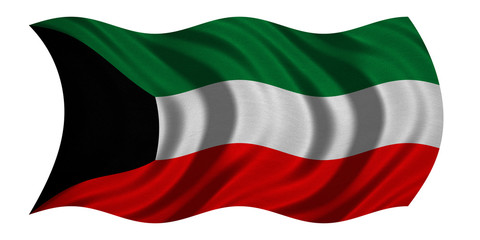 Flag of Kuwait wavy on white, fabric texture