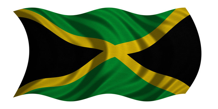 Flag of Jamaica wavy on white, fabric texture